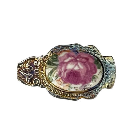 Vtg Porcelain Tea Sugar Spoon Coffee Pink Roses Stainless Steel 4.5" Set of 6 - Picture 2 of 7